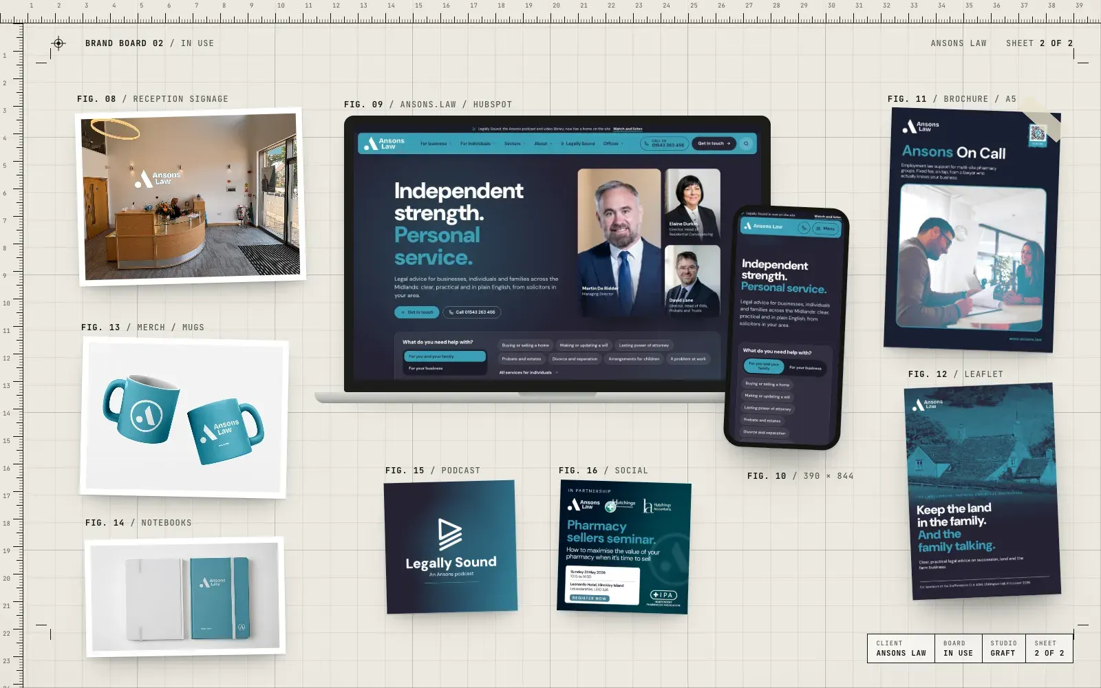 Ansons Law brand in use: reception signage, the website on laptop and phone, brochures, mugs, notebooks and podcast artwork