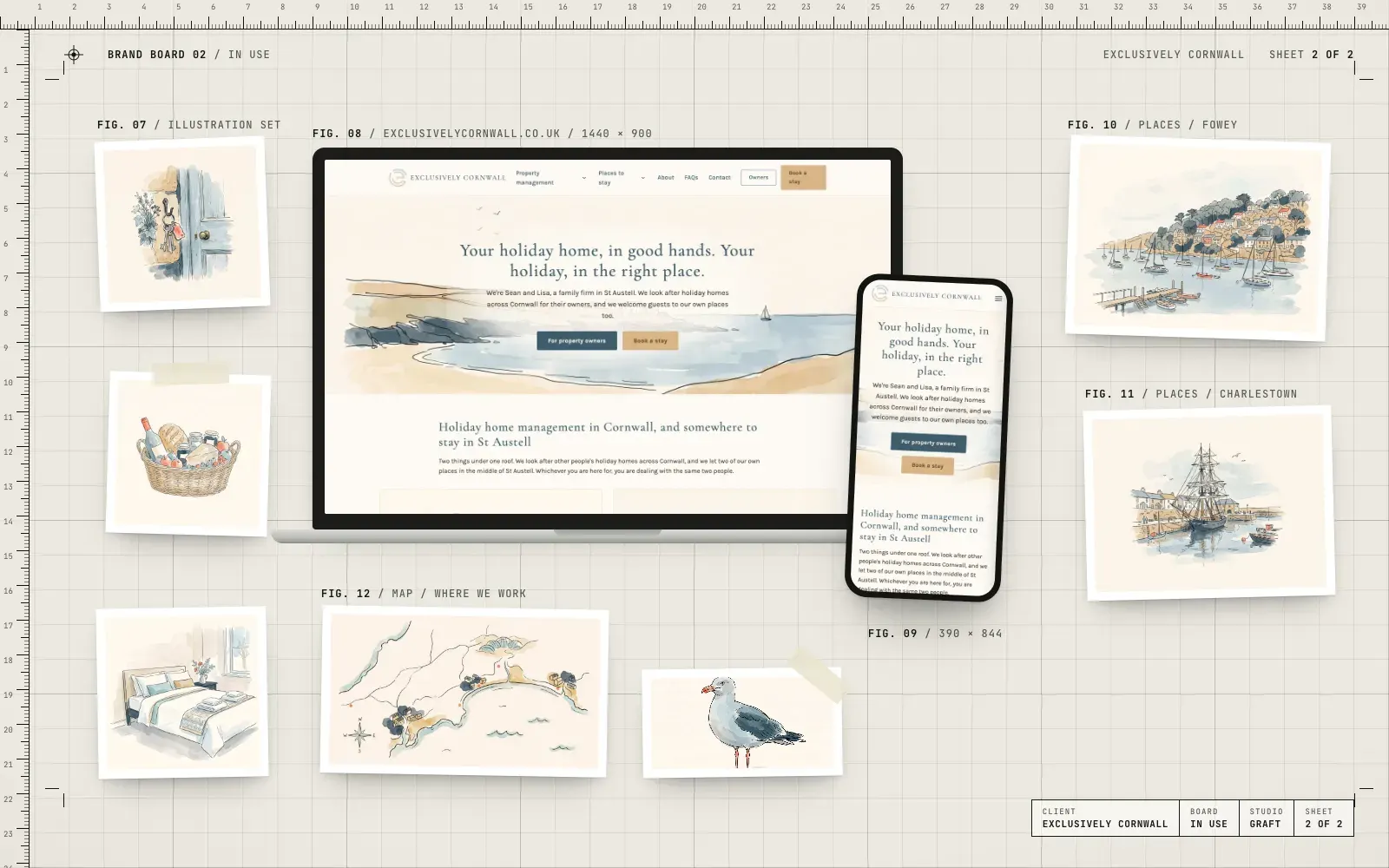 Exclusively Cornwall brand in use: the website on laptop and phone with illustrations of Cornish places