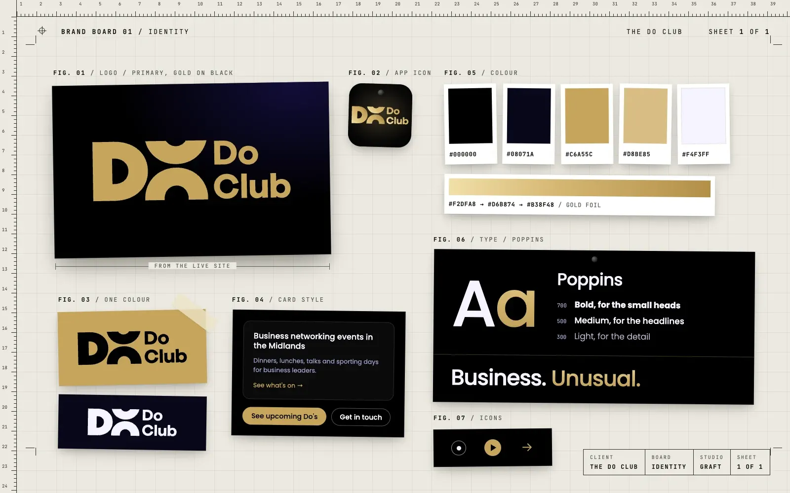 The Do Club brand identity: gold logo on black, colours, type and icons