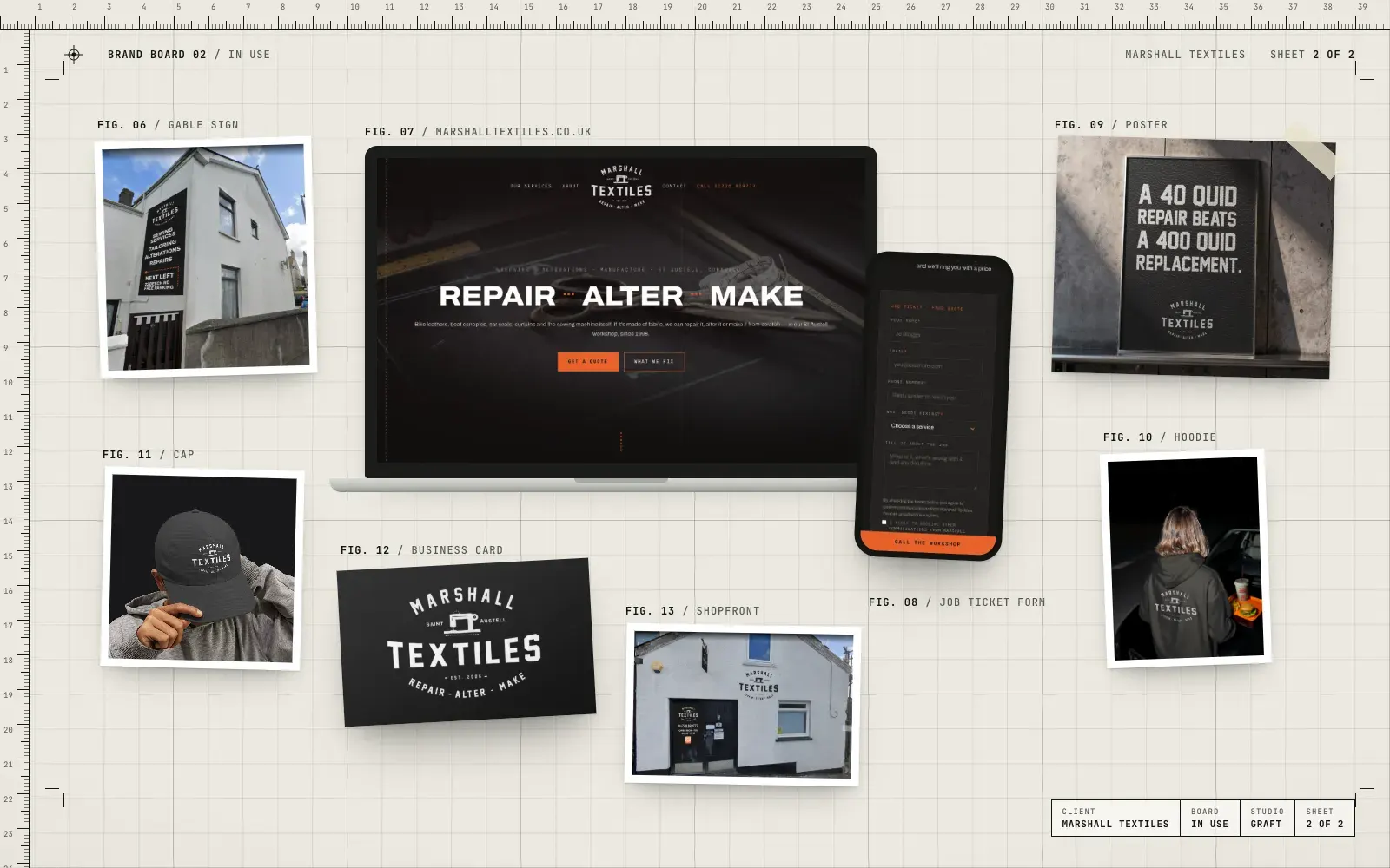 Marshall Textiles brand in use: the gable sign, website and job form, hoodie, cap, business card and shopfront