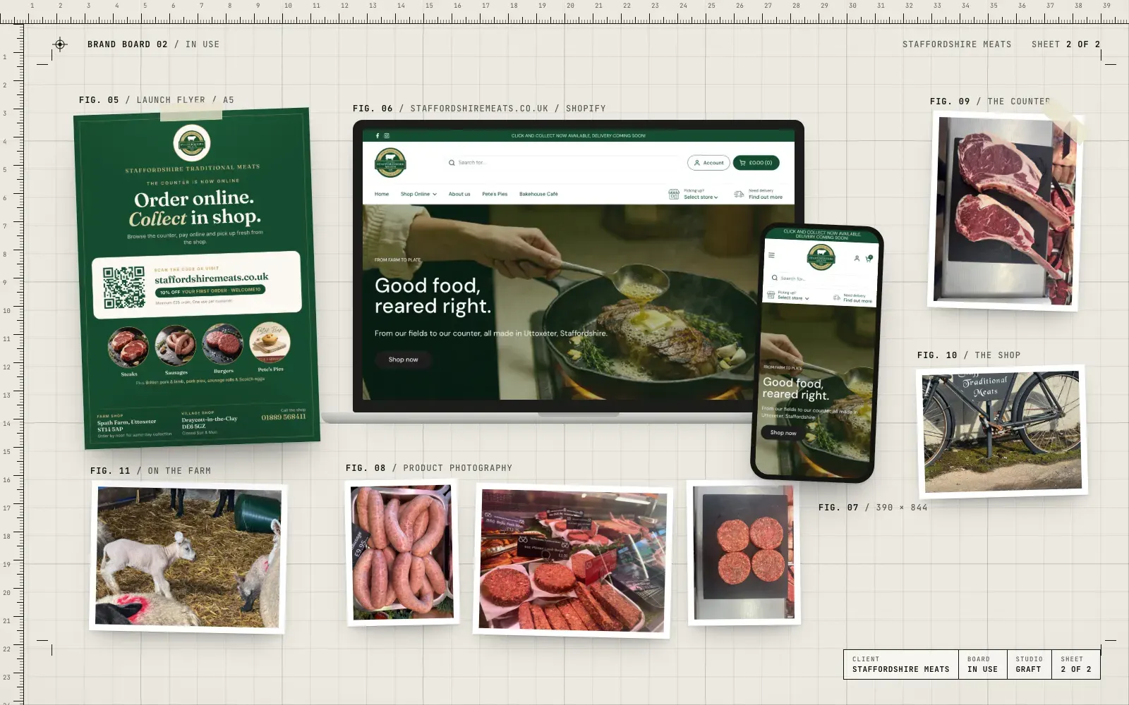 Staffordshire Meats brand in use: the launch flyer, the online shop on laptop and phone, and photos from the farm and counter