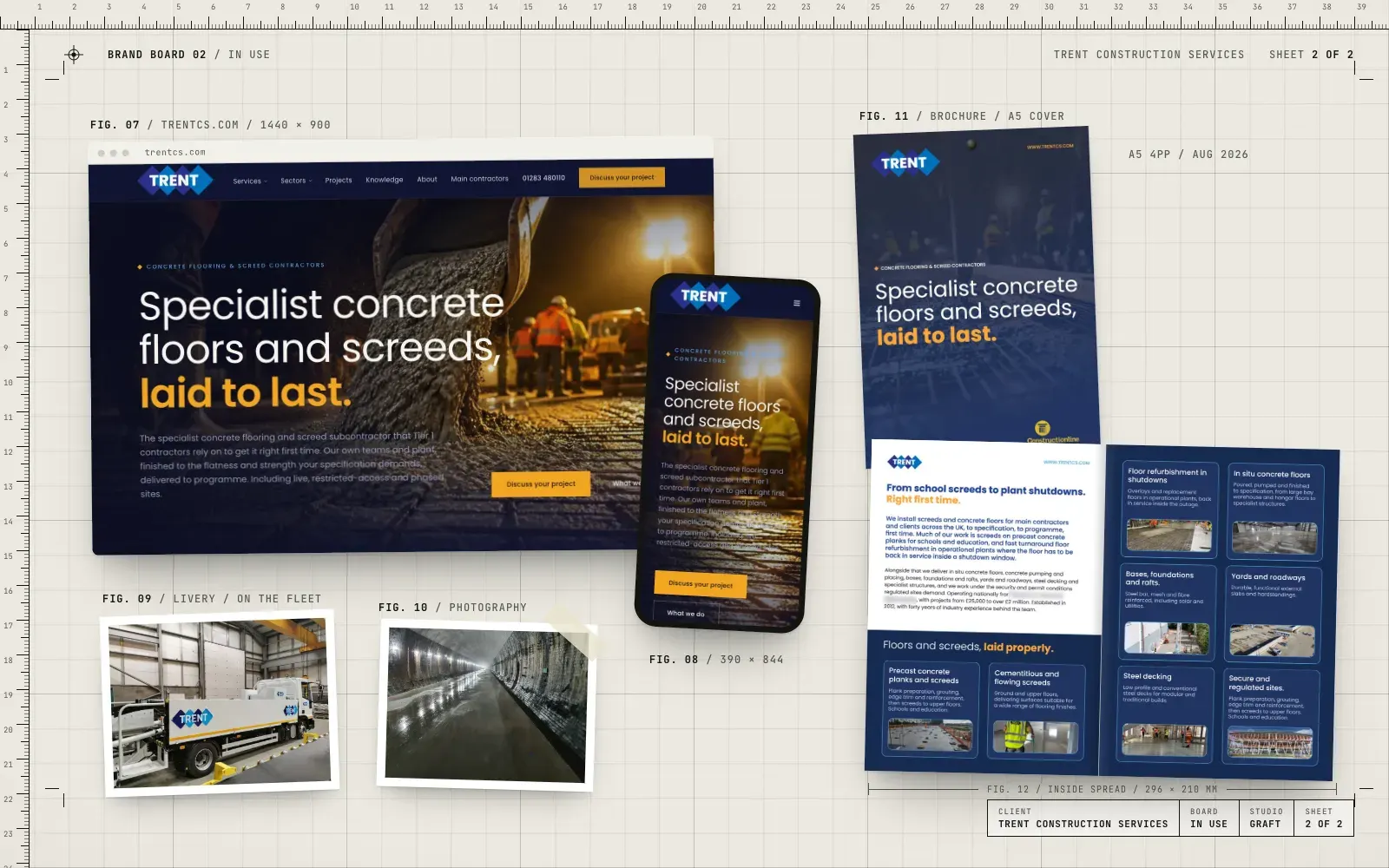 Trent Construction brand in use: the website on desktop and phone, the brochure, lorry livery and a job photo